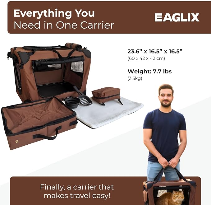 Large Cat Travel Carrier – Soft Sided Spacious Pet Carrier for Medium to Large Cats (Up to 25 lbs), Built-in Litter Box & Water Bottle, Car & Vet Travel, Foldable & Breathable – Brown
