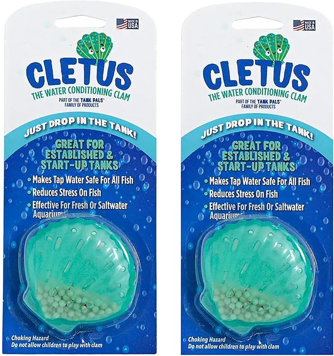 Cletus The Water Conditioning Clam - 2 Pack, Blue - Fish Tank & Aquarium Water Preparation, Chlorine Neutralizer & Heavy Metal Filtration