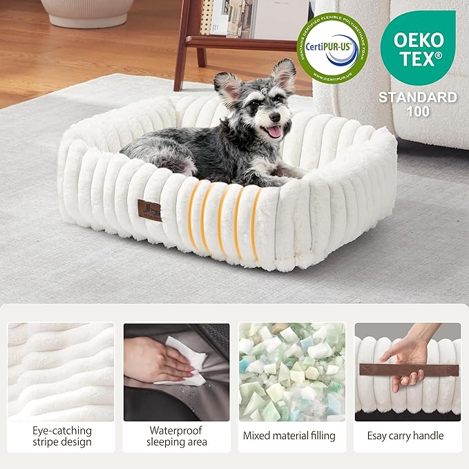 Cute Dog Bed for Small Dogs & Cats,Washable Fluffy Cat Beds for Indoor Cats, Rectangle Orthopedic Memory Foam Puppy Beds with Anti-Slip Bottom, 20 x19 x 7 Inches, Cream(20x19x6inchs)