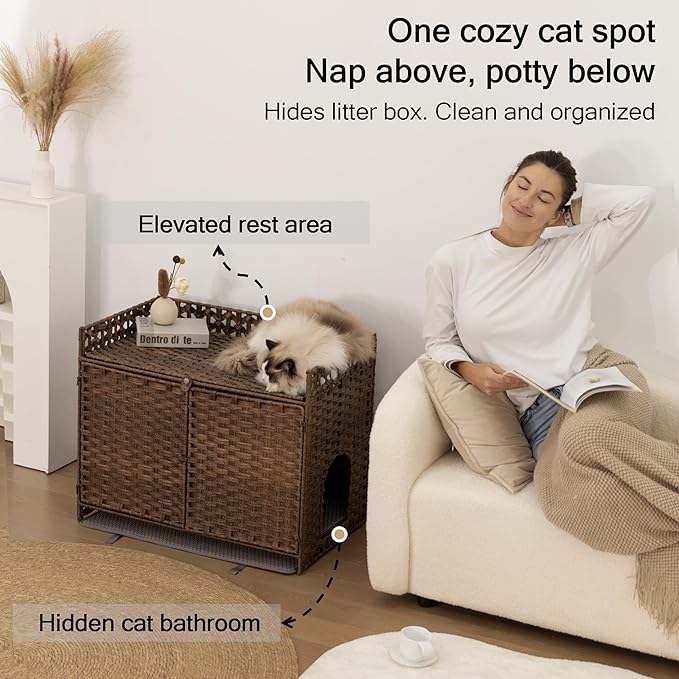 Furriends Cat Litter Box Enclosure with 2 Mats, Handwoven Rattan Hidden Litter Box Furniture Large 30.3”L x 18.2”W x 24.2”H, Double as Indoor Cat House or Side Table for Living Room Hallway, Brown