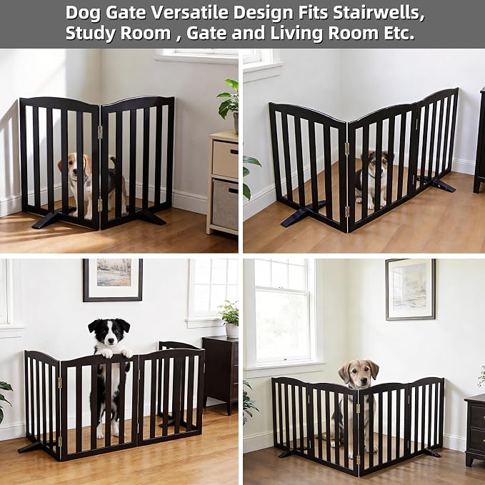 ZJSF Foldable Freestanding Indoor Dog Gate for House Wood Long Pet Gates Dog Fence for Stairs Puppy Gates for Hallways, Puppy Gate,Support Feet Included, Black, 32 "Height-2 Panels
