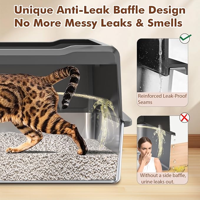 Extra Large Stainless Steel Cat Litter Box for Large Cats & Multiple Cats, 28" Lx 20" W High-Sided Design, Easy to Clean, Non-Stick, Anti-Leak, Includes Scoop
