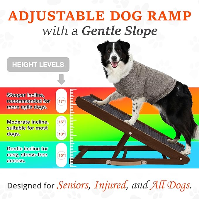 Adjustable Dog Ramp for Bed - 34" Long Foldable Wooden Ramp for Dogs to Get on Bed, Couch, or Car with 12.6" Wide Walking Space - (Walnut Wood with Gray Carpet)