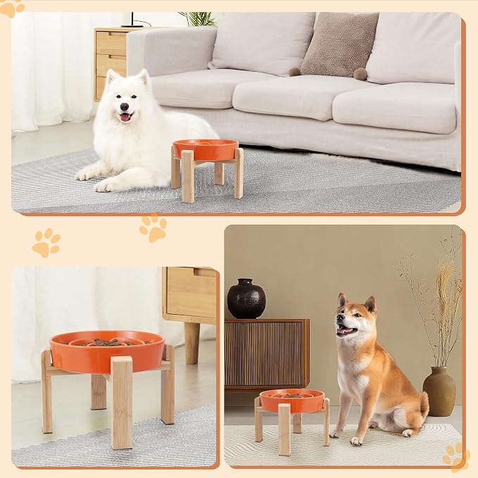 Elevated Slow Feeder Dog Bowl Large Breed, 8.8 Inch Ceramic Slow Eating Bowl with Bamboo Stand, Anti-Choking Raised Maze Design for Medium to Large Dogs, 3.2 Cup, Orange