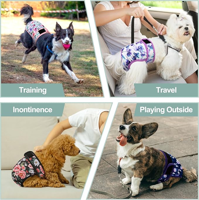 Washable Female Dog Diapers (5 Pack) - Doggie Reusable Large Dog Diapers for Doggy Puppy Female in Period - Highly Absorbent Dog Heat Panties,S Plus,Flowers