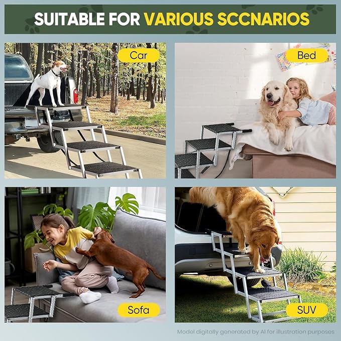 Sakerplus Dog Ramps for Car, 17.7inch Wide Foldable Dog Stairs with Non Slip Surface, Portable Pet Steps for SUV, High Beds, Truck, Support Up to 200lb, 5 Steps