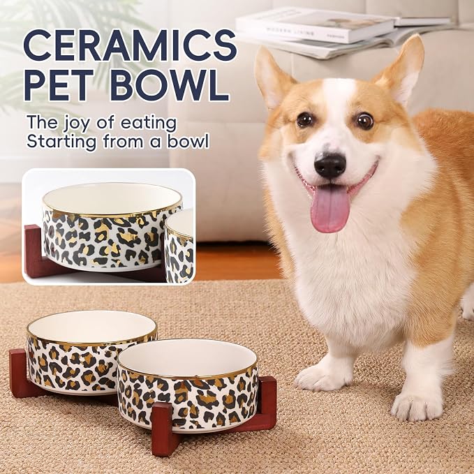Dog Bowl Set with Wood Stand, Non-Slip Anti-Tip Elevated Design, Double Ceramic Animal Food Water Cat Bowls, Suitable for Large/Medium Sized Dog Pet Feeder Dish Station - 32 OZ,White Leopard Print