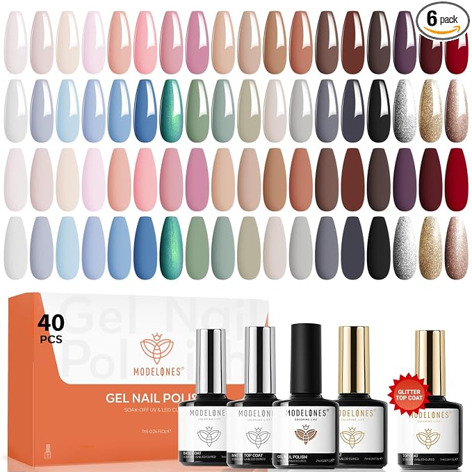 modelones 40 Pcs Gel Nail Polish Set, 36 Colors Winter Nude Brown White Burgundy Red Blue Black Glitter Gel Polish Kit with Base Coat& Matte Glitter Glossy Top Coat Salon DIY Manicure