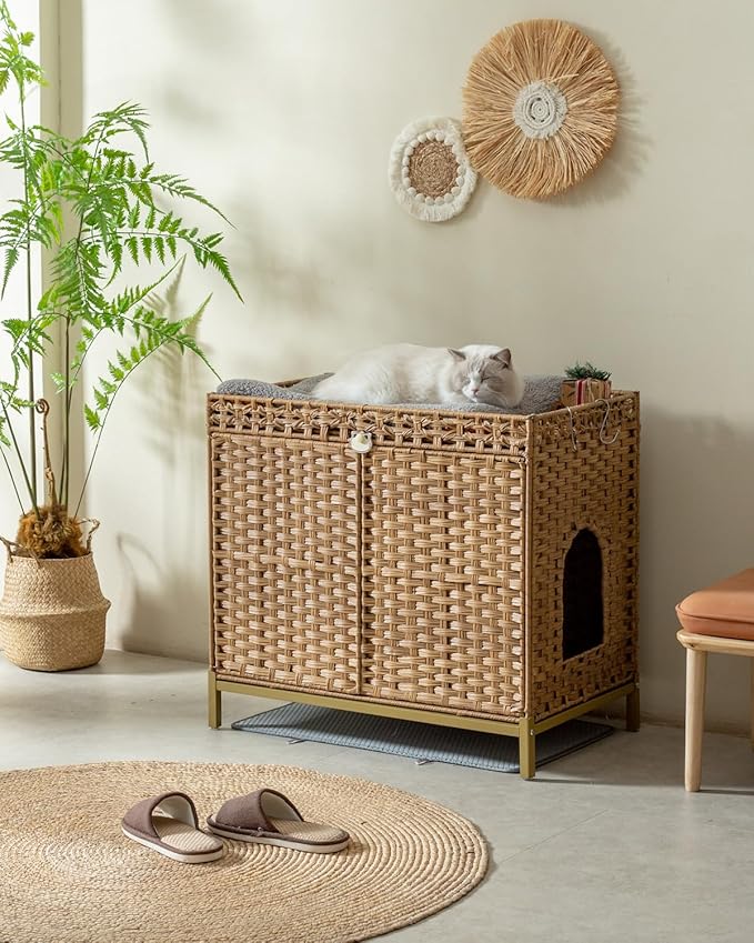 SETVSON Cat Litter Box Enclosure Furniture, Hidden Handwoven Rattan Litter Box with Mat, Large Cat House with Metal Heightened Feet, 30.3 x 18.3 x 28 Inches, Indoor for Living Room, Bedroom Natural