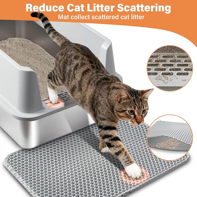 Stainless Steel Cat Litter Box with Lid Large to XL,Metal Litter Box High Sides for Big/Multiple Cats,Open Design,Indoor,1-Mat and 1-Scoop,Easy to Clean, No Odor,Anti-Urine Leakage