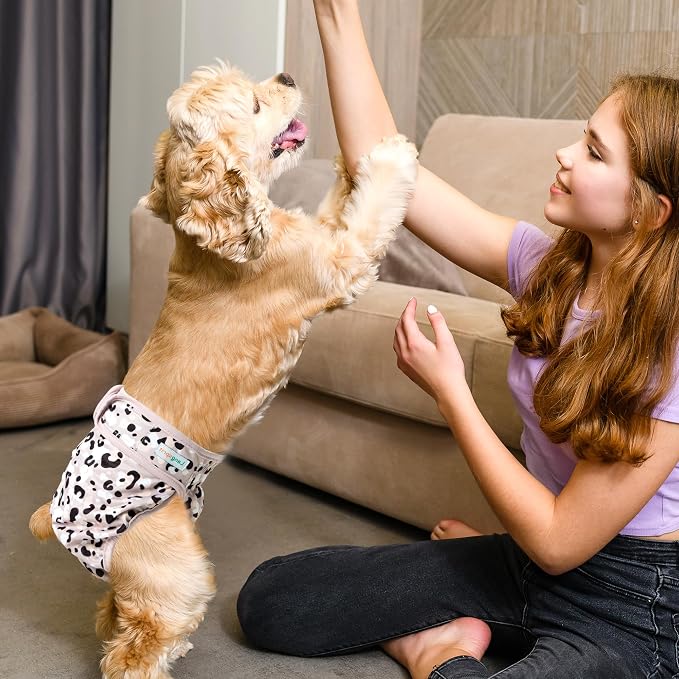Langsprit Washable Female Dog Diapers - Doggie Reusable Diapers for Doggy Puppy Female in Period - Highly Absorbent Dog Heat Panties Leopard S