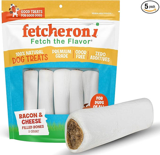 Dog Treats - Stuffed Shin Bones, Dental Chews for Dogs, Long Lasting Dog Bones, High Protein Chews with Bacon & Cheese Flavor for Small Medium and Large Dogs, Natural - 6.4 oz (Pack of 5)