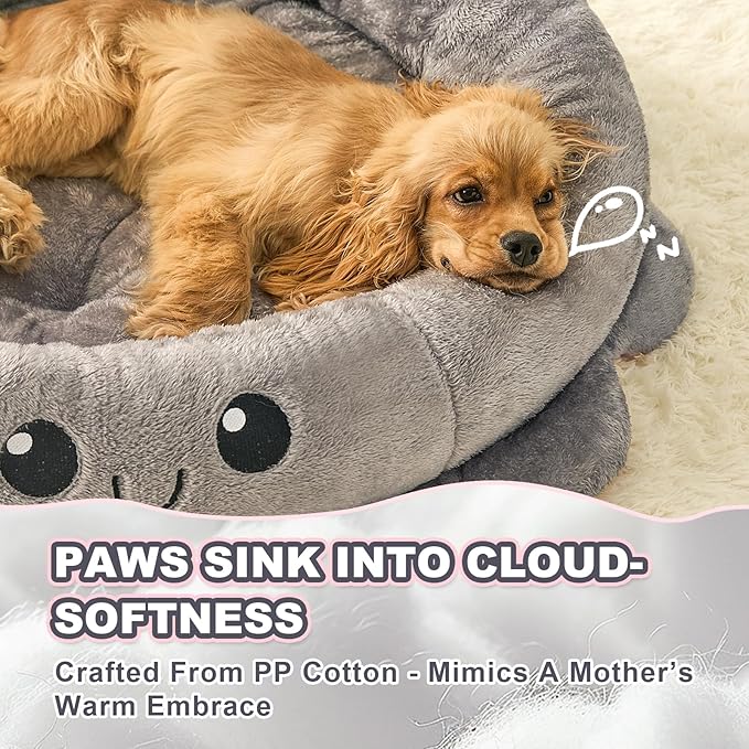 Jiupety Cute Calming Dog Beds Clearance for Large Dogs, Anxiety Bolster Dog Bed with Octopus Shape, Grey, L, Boho, Round Pet Bed Cat with Removable Cushion