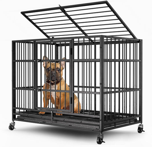 38" Heavy Duty Dog Crates for Small Dogs, Escape Proof, Upgraded 4 Lockable Wheels, Removable Door, Dog Kennel Indoor, Max Load 300Lbs, Easy to Clean, Medium Dog Crate for High Anxiety Dogs
