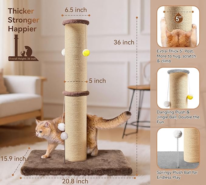 5-Inch Sisal Cat Scratching Post, 36" Tall Scratch Tower, Brown | 6.5" Top Perch, 20.8×15.9" Stable Base, Durable Scratcher, For Indoor Cats