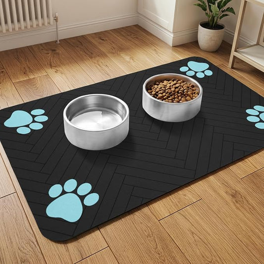 Pet Feeding Mat-Absorbent Dog Feeding Mat for Food and Water Bowl,No Stains Pet Placemat,Quick Drying Water Dispenser Mat for Dog and Cat,Easy to Clean Dog Accessories(M,Black Blue Paw)