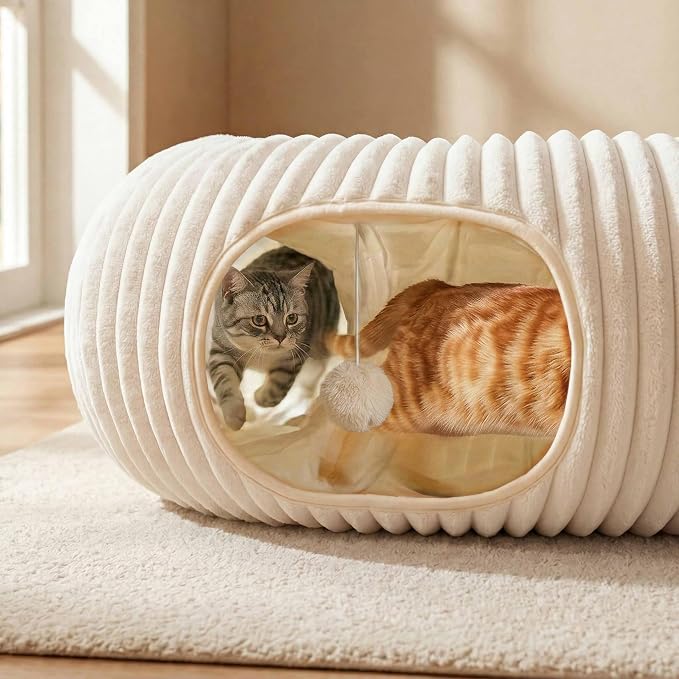 31 Pcs Interactive Cat Toys for Indoor Cats, Cat Tunnel with Moving Ball, Cat Toy Launcher, Catnip Toys, Chew Rope, Feather Wand, Springs and Balls for Indoor Kittens, White