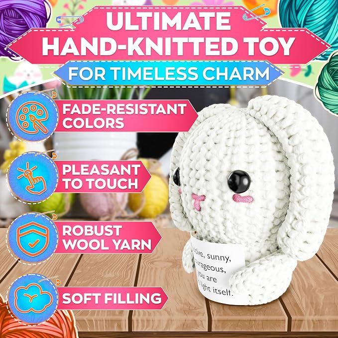 Soft Handcrafted Crochet Bunny Plush - Rabbit With Positive Message Card, Stuffed Bunny Rabbit Mini Pocket Companion for Desk Decor and Travel, Daily Cozy Gift for Mom, Grandma, Sister, Her or Friends