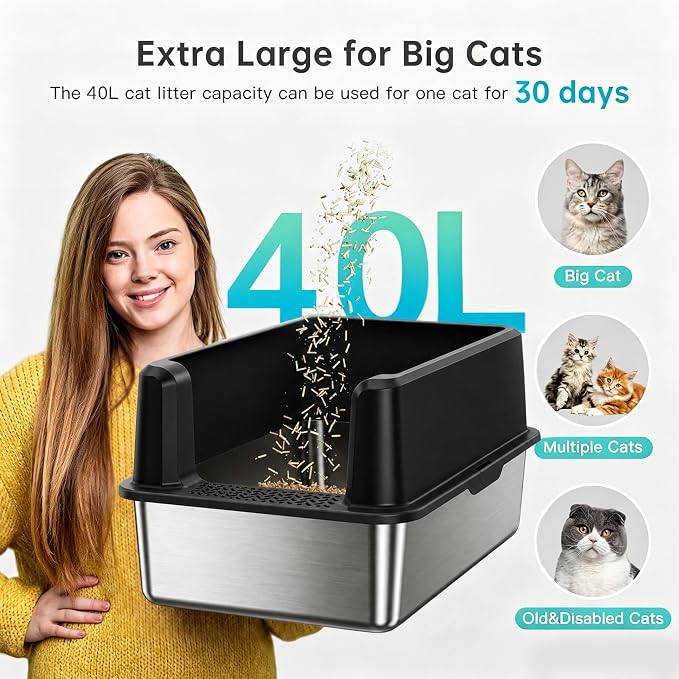 WoofiGo Stainless Steel Cat Litter Box with Lid, XL Extra Large Metal Kitty Litter Box Enclosed for Big Cats, High Sided, Anti-Urine Leakage, Non-Stick Bottom, Include Litter Mat & Metal Scoop (Black)