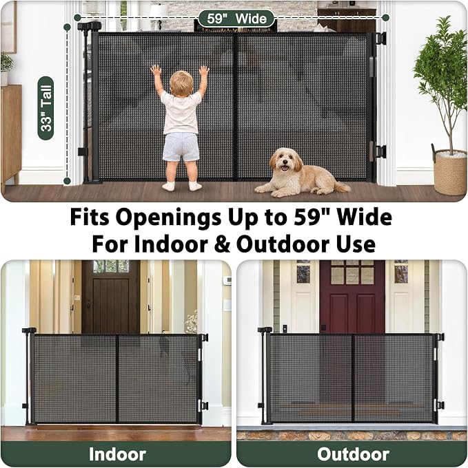 KISKIZ 59 Inch Wide Retractable Baby Gates, Reinforced Retractable Gate with Support Rods to Prevent Crawling Through, 5 FT Retractable Dog Gate for Stairs, Doorways, Hallways, Indoor/Outdoor, Black