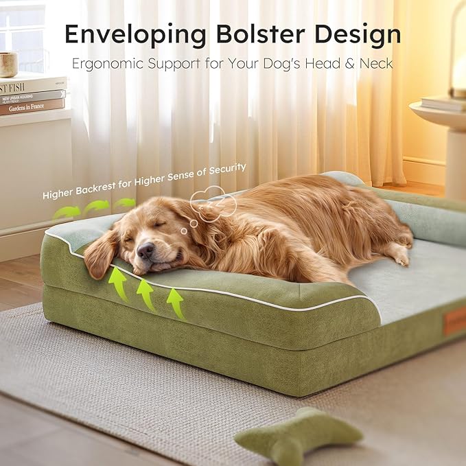 CWAWZ Extra Large Dog Bed, Orthopedic Dog Bed with Cooling Gel Memory Foam, Waterproof XL Pet Bed with Removable Washable Cover, 42" Pet Sofa Couch Dutch Velvet with Bone Toy, Dark Green