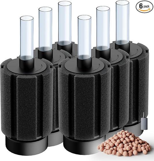 10-50Gal 6 Pack Aquarium Sponge Filter with Ceramic Media and Bubble Diffuser Ultra Quiet Fish Tank Filters fit Breeding Fry Betta Shrimp Fish Tank