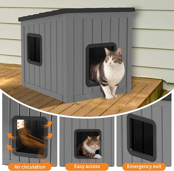 NUNU LAB Cat Litter Box Enclosure, Outdoor Cat House – Weatherproof & UV Resistant PP Material Shelter with Sloped Asphalt Roof, Durable Cat Condo for Garden, Patio, and Backyard (Black, Large)