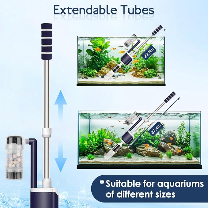 AQQA 600GPH Electric Aquarium Gravel Cleaner, 6-in-1 Automatic Fish Tank Vacuum Cleaner & Water Changer with Stainless Steel Handle & 3-Stage Filter Cup for Turtle Tanks, Adjustable Flow 34W