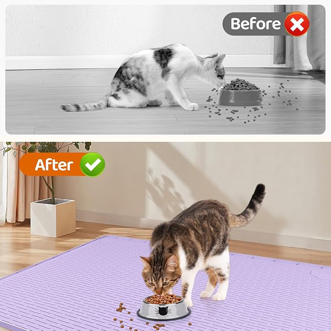 Cat Food Mat, 50" x 35" Extra Large Silicone Pet Feeding Mat with Raised Edge Pet Placemat for Food and Water Bowl Non-Slip, Easy to Clean, Floor Protection (Purple)