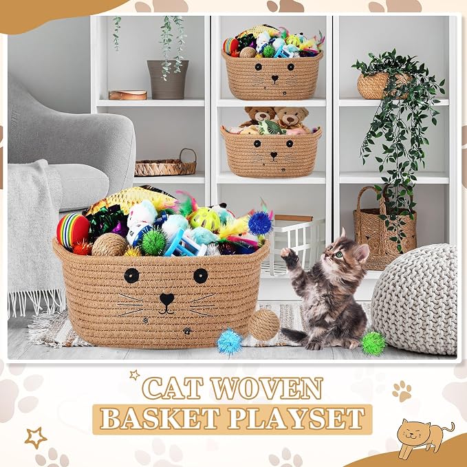 Zopeal 58 Pcs Summer Graduation Cat Storage Basket Gift Toys Set, Colorful Flashing Balls Pet Bell Crinkle Balls Spring Toys Attract Cat to Swat, Hunt, Interactive for Pet(Khaki,9.8 Inch)