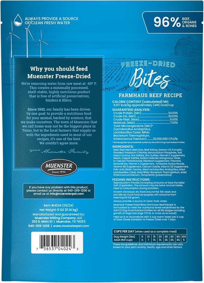Muenster Freeze Dried Beef Bites - Dog Food, Treat, Mixer or Topper (5oz) - Grain-Free