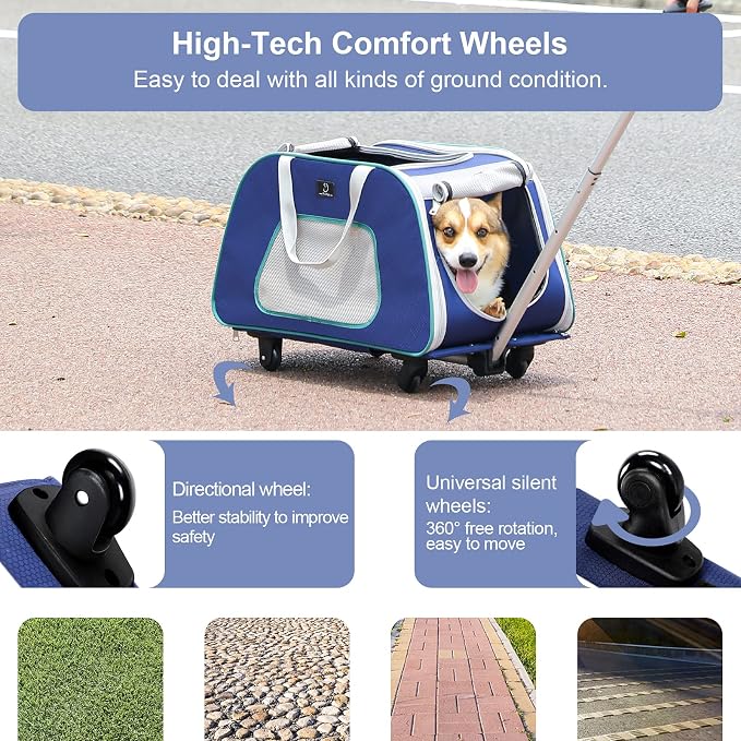 A 4 Pet Dog Carrier with Wheels,Foldable Rolling Pet Carrier Up to 33 LBS with Removable Base, Extendable Handle & 4-Wheels Design, Mesh Ventilation Windows and Safety Rope,Navy Blue
