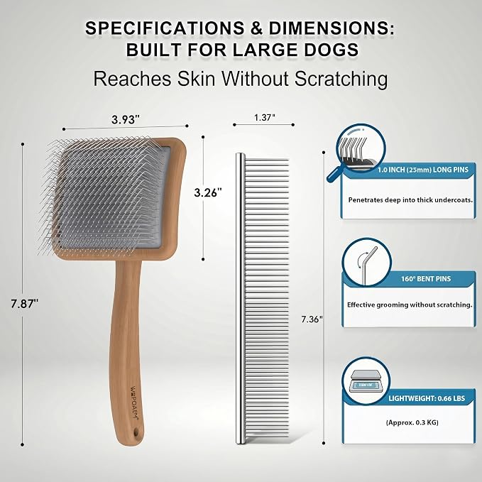 WPQAEM Dog Slicker Brush for Large Dogs, 4PCS Grooming Kit for Thick, Curly & Double Coats (Poodles, Goldendoodle, German Shepherd), Wood Handle - Naturally