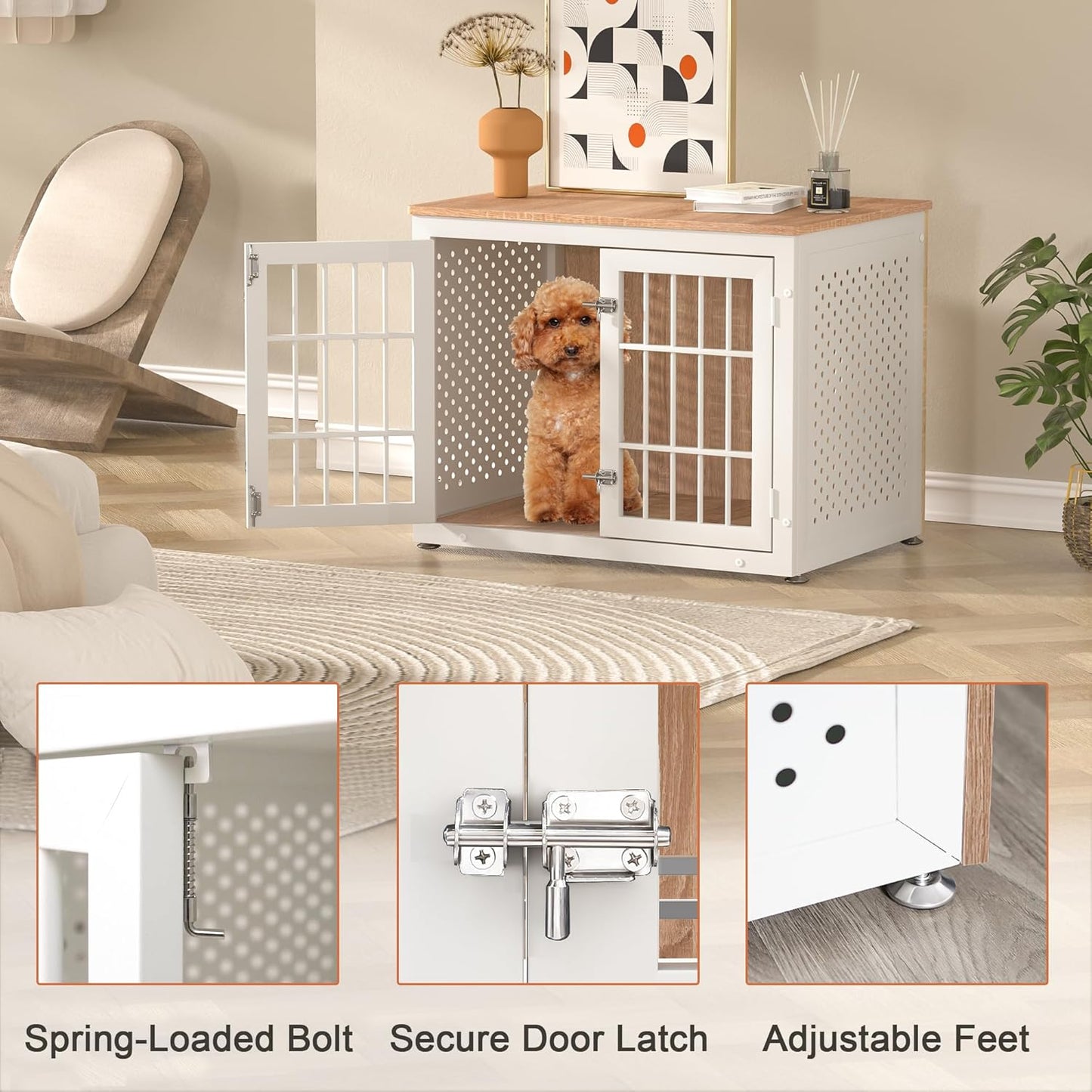 32" Heavy Duty Dog Crate Furniture for Small and Medium Dogs, Metal Kennel for High Anxiety Dogs, Chew Proof Pet Cage Indoor, Decorative Dog Kennel End Table, White