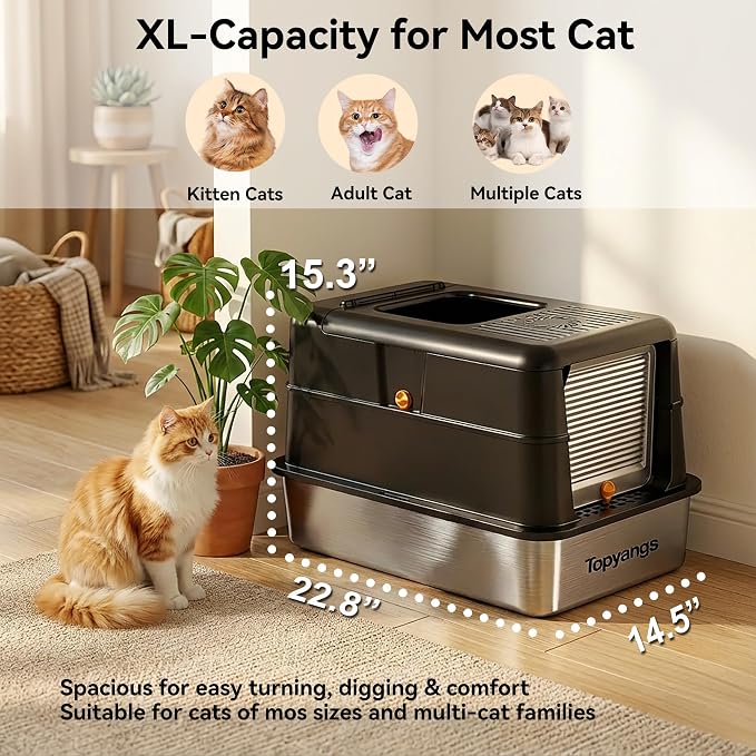 Stainless Steel Cat Litter Box, Enclosed Odor Control Extra Large Metal Litter Box with Lid, 135° Flip-Top Covered Design, Leak-Proof High Sided Box for Large Cats & Multi-Cat Homes, Black