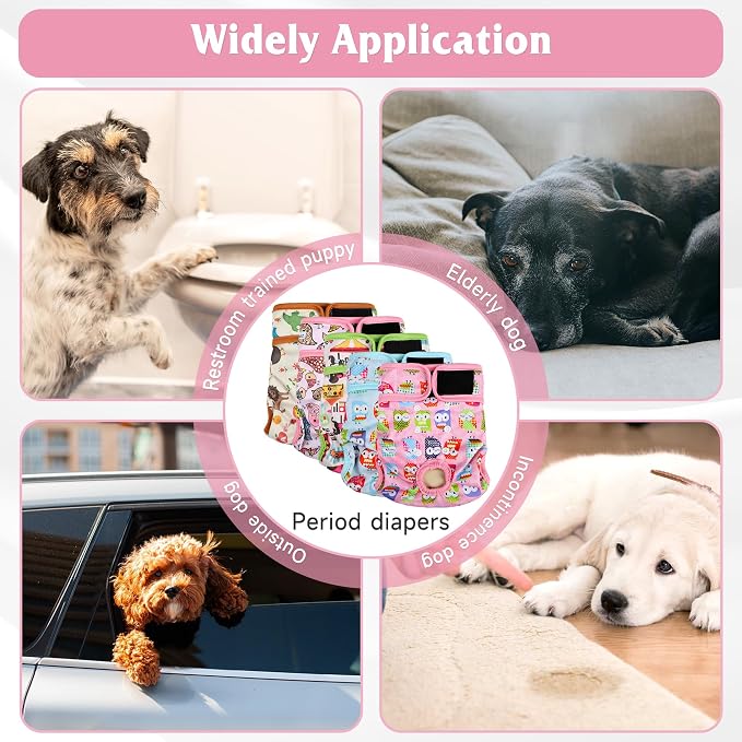 Dog Diapers Female 5pcs,Reusable Dog Doggie Puppy Doggy Diapers Female, Period Panties in Heat, Owl, Medium