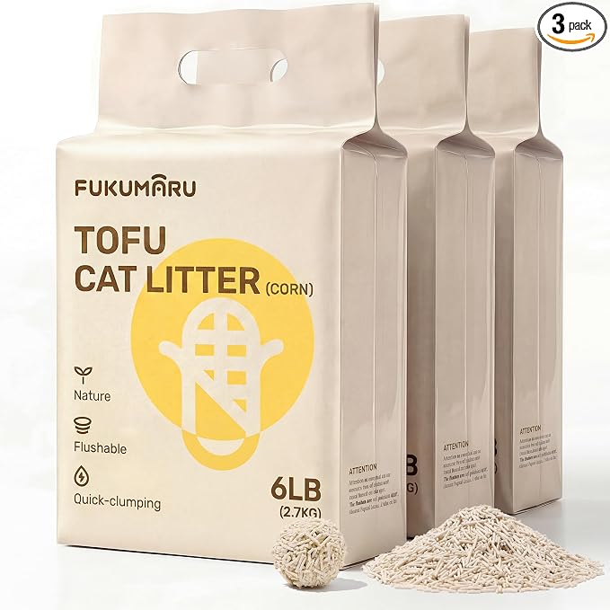 FUKUMARU Tofu Cat Litter - Natural Lightweight Unscented Cat Litter Pellets, Dust Free Quick Clumping, Effective Odor Control, Flushable, Low Tracking, 18 LBS (3 Packs)