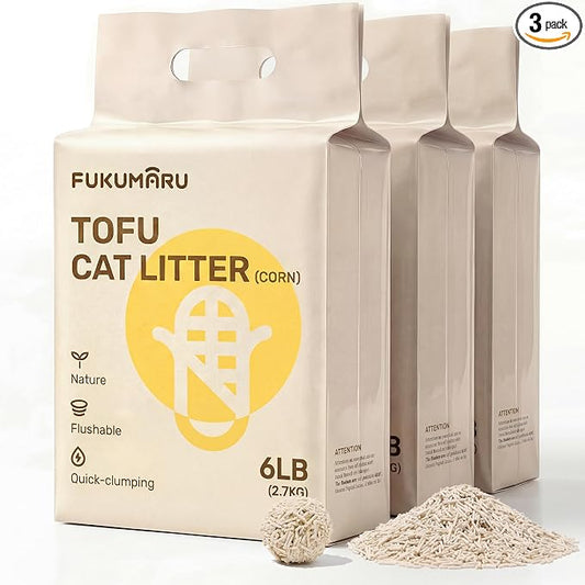 FUKUMARU Tofu Cat Litter - Natural Lightweight Unscented Cat Litter Pellets, Dust Free Quick Clumping, Effective Odor Control, Flushable, Low Tracking, 18 LBS (3 Packs)