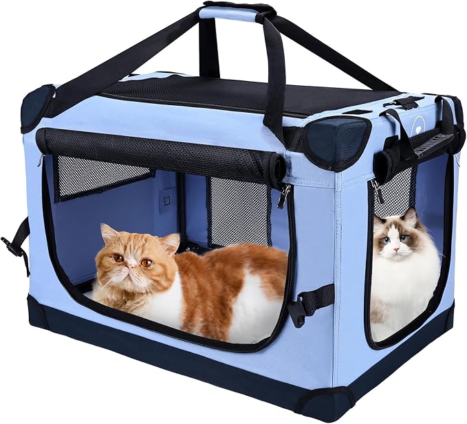 PEGIC Extra Large Cat Carrier, Blue | Soft Sided Collapsible, For Car Travel, Outdoor and Indoor Uses, Roomy Extra Large for 2 Kittens or Pets up to 50lbs