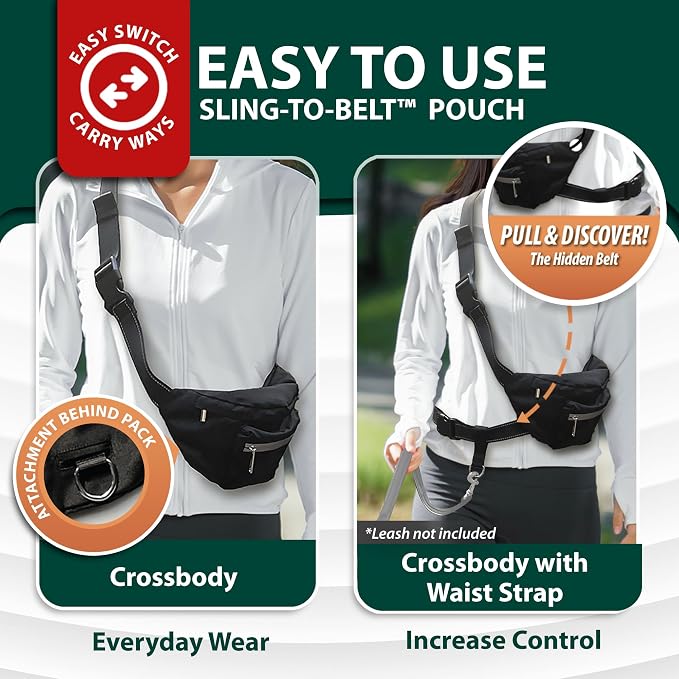 Sporn Sling-to-Belt Dog Training Treat Pouch, Breathable Double-Stiched Dog Treat Bags Training Pouch, Crossbody Dog Fanny Pack for Walking, Hiking, & Running, Supports 200+ Lbs, Black