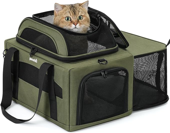 Pecute Expandable Pet Carrier Airline Approved Dog Cat Carrier, Breathable Soft-Sided with Locking Zippers, Pet Travel Bag for Small Dog Cat Anti-Scratch Mesh Leakproof Pee Pad