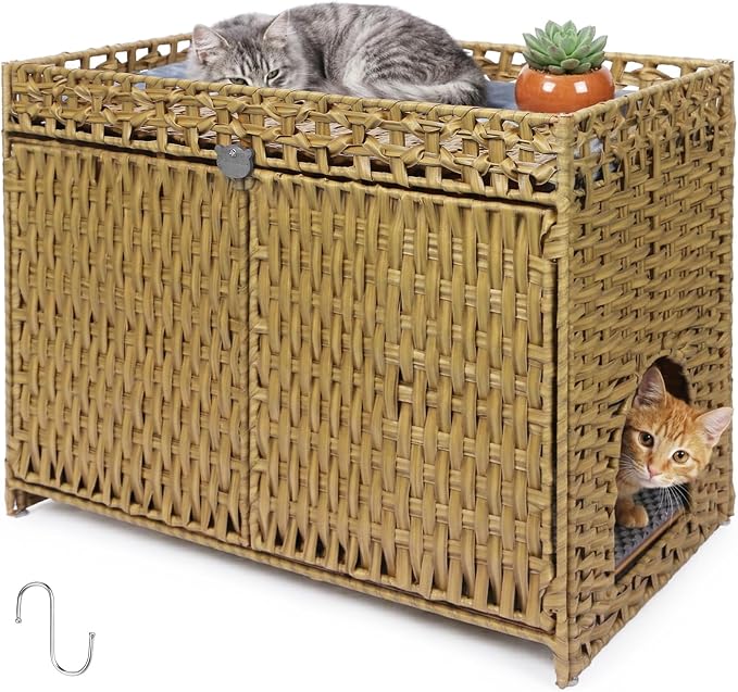 Neti Neti Cat Litter Box Enclosure Furniture, A Calm Enclosed Space Chosen by Cats, Handwoven Rattan Hidden Cabinet with 2 Removable Mats, Large Foldable Design for Indoor Use, Large, Natural