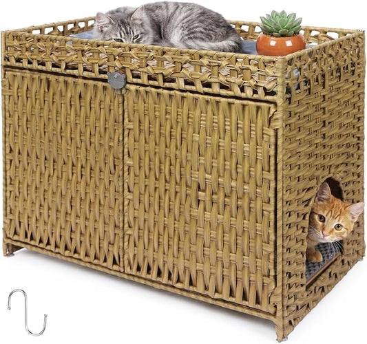 Neti Neti Cat Litter Box Enclosure Furniture, A Calm Enclosed Space Chosen by Cats, Handwoven Rattan Hidden Cabinet with 2 Removable Mats, Large Foldable Design for Indoor Use, Large, Natural