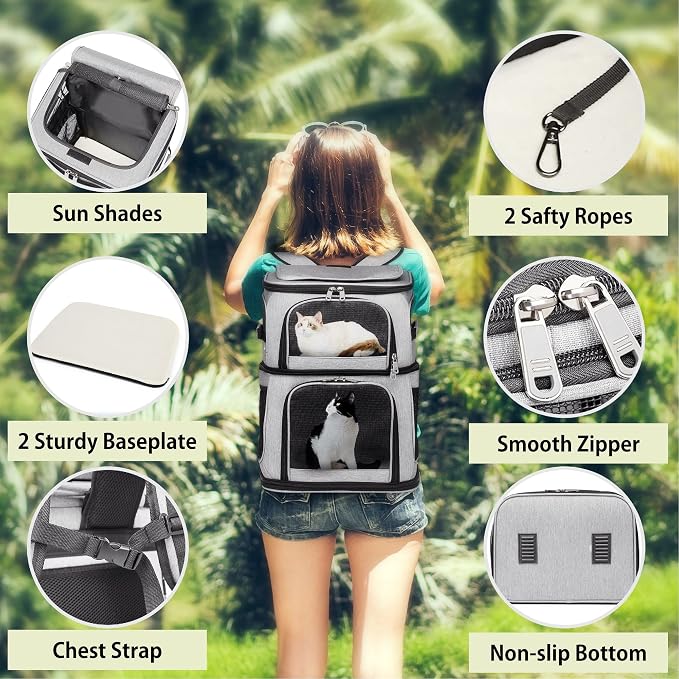 Double Cat Carrier, Cat Backpack Carrier for 2 Cats, Multi Dog Backpack, Two Cat Carrier with 7 Ventilation Windows, Built-in Frame and Support Plate, Safety Straps, Collapsible, Perfect for Travel