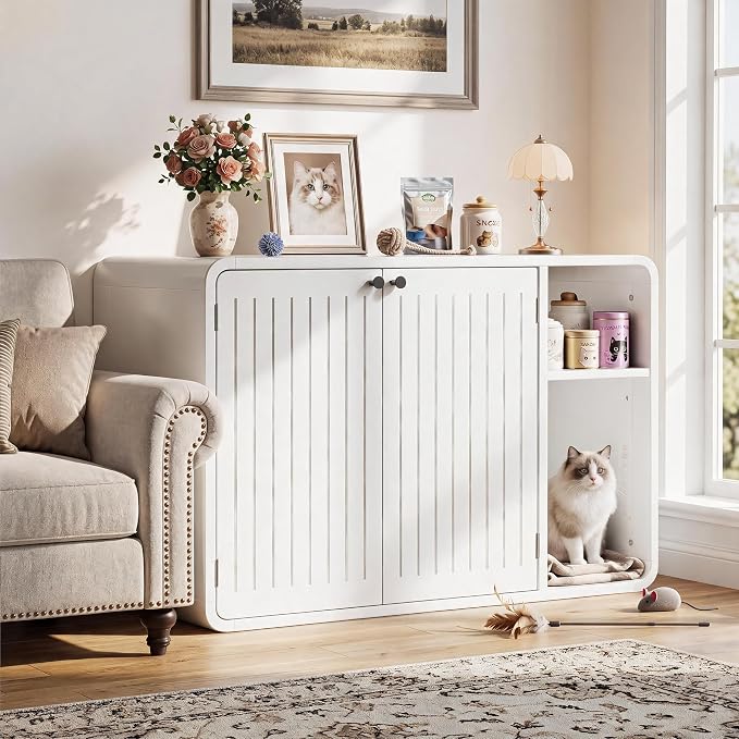 MXV 35.4" Cat Litter Box Enclosure, Hidden Wooden Cat Furniture with Slatted Doors, Mid-Century Modern Cat Washroom Storage Bench, Side End Table for Living Room, Bedroom, White
