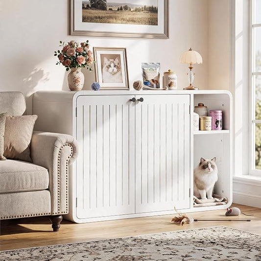 MXV 35.4" Cat Litter Box Enclosure, Hidden Wooden Cat Furniture with Slatted Doors, Mid-Century Modern Cat Washroom Storage Bench, Side End Table for Living Room, Bedroom, White