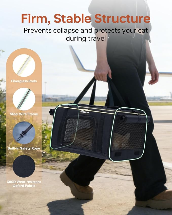 17x11x9.5 Pet Carrier Airline Approved, Cat Carrier with Litter Box, Soft Sided Cat Dog Carrier Up to 15 lbs, Breathable Travel Pet Carrier with Calming Curtain, Storage Bag & Poop Dispenser, Black
