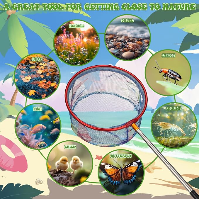 2 Pack Telescopic Kids Fishing Net with Handle, 2 Collapsible Bucket Sand Pail, Stainless Steel Foldable Fishing Net Small Fishing Butterfly Bug Net Beach Shovel with Storage Bag