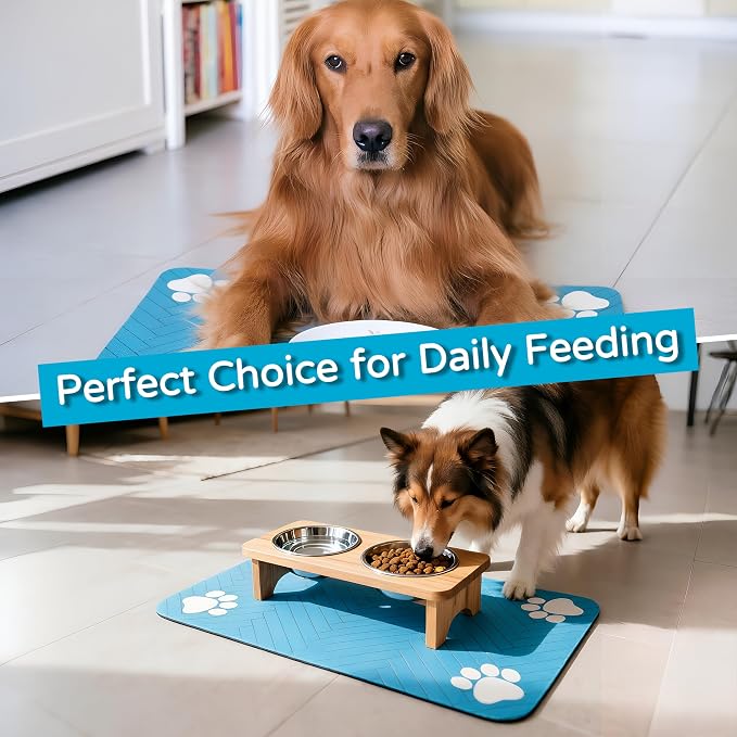 Pet Feeding Mat-Absorbent Dog Feeding Mat for Food and Water Bowl,No Stains Pet Placemat,Quick Drying Water Dispenser Mat for Dog and Cat,Easy to Clean Dog Accessories(M,Blue)