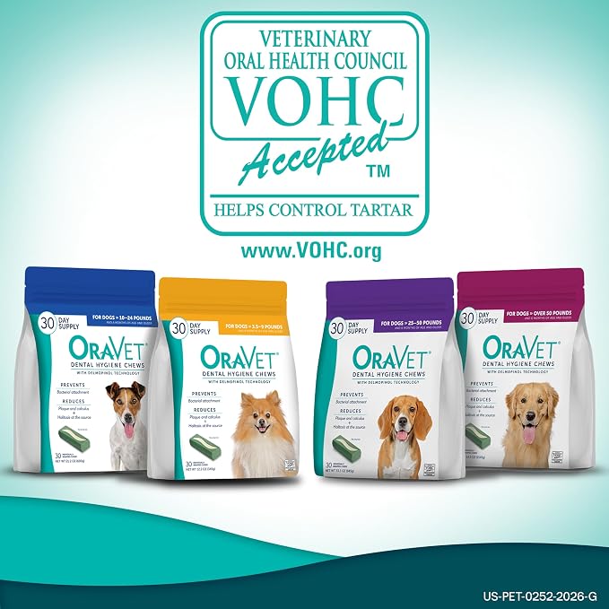 ORAVET Dental Chews for Dogs, Oral Care and Hygiene Chews (Medium Dogs, 25-50 lbs.) Purple Pouch, 14 Count